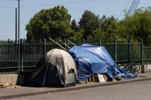 Makeshift homeless encampment tents